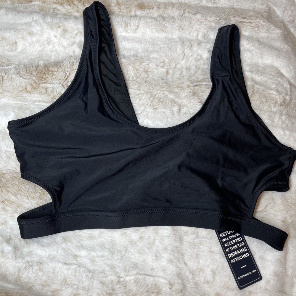 NWT Blooming Jelly Womens XL Black Bikini Top Cutout Minimalist Nylon Spandex